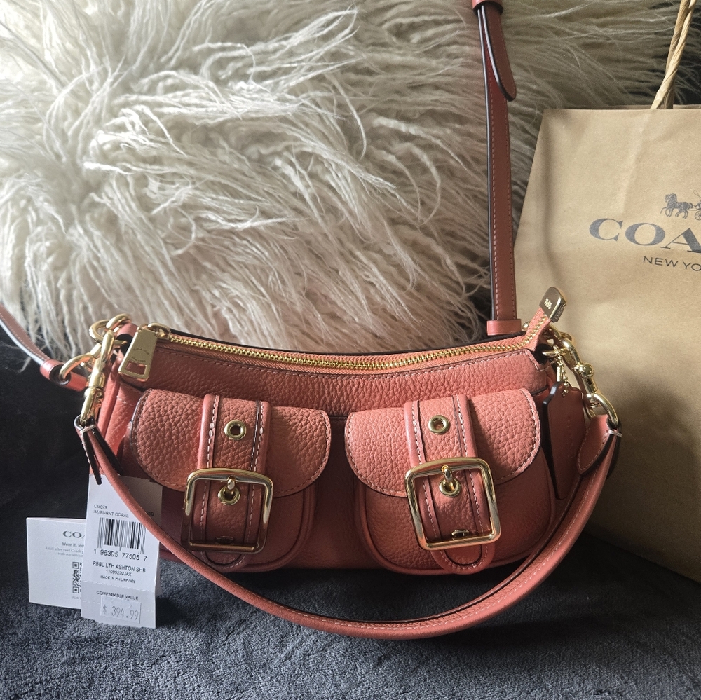 Coach CM079 Ashton Crossbody/Shoulder Bag In Pebble Leather Burnt Coral NWT